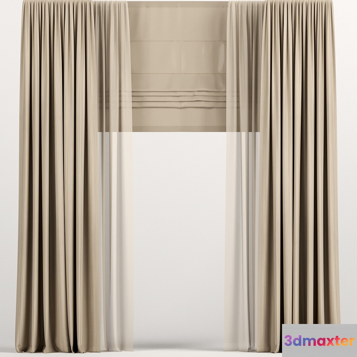 Light brown curtains with Roman and tulle. 3D Max