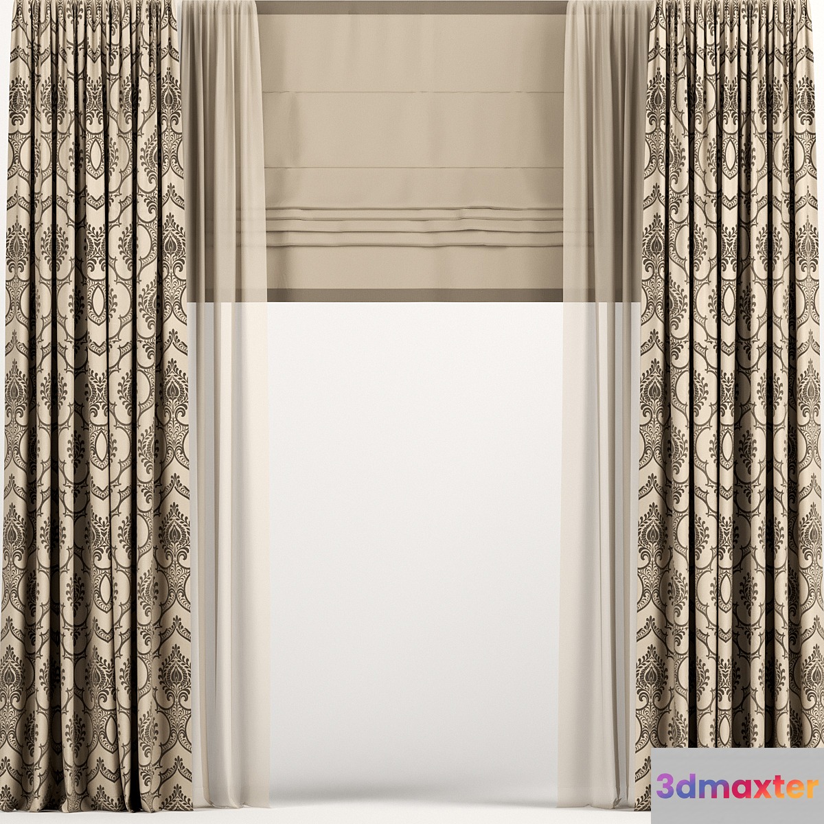 Straight brown curtains with Roman and tulle. 3D Max