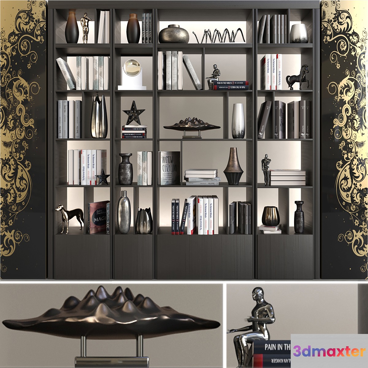 Wardrobe with decor books and figurines 2