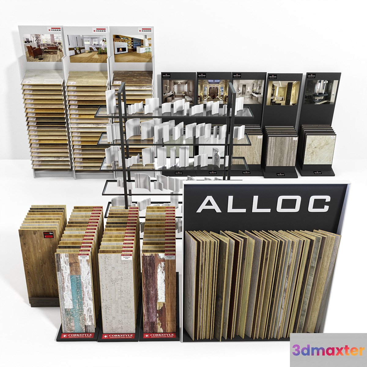 Exhibition stands with samples of laminate porcelain tile stucco molding 3D Max