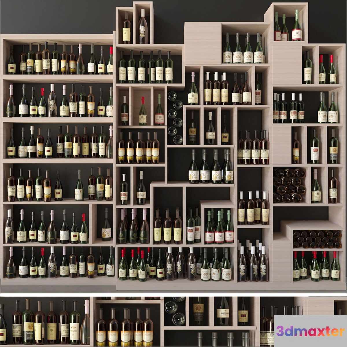 Large collection of wine in a wine shop. Alcohol 4 3D Max