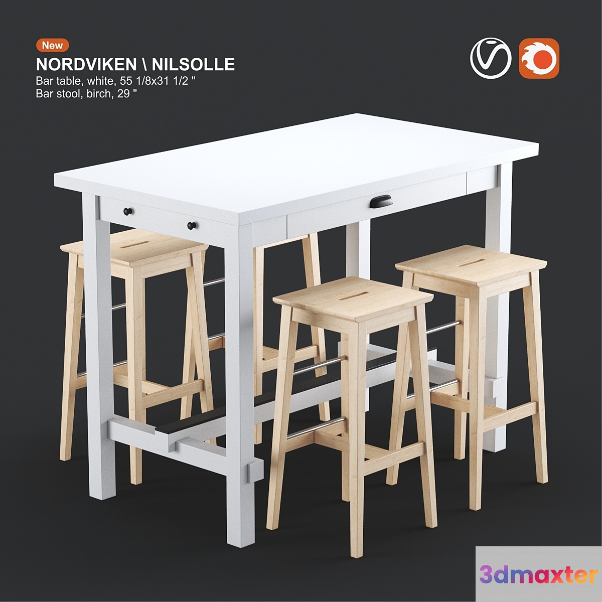 Ikea NORDVIKEN bar table and NILSOLLE bar stool white and birch 3D Max