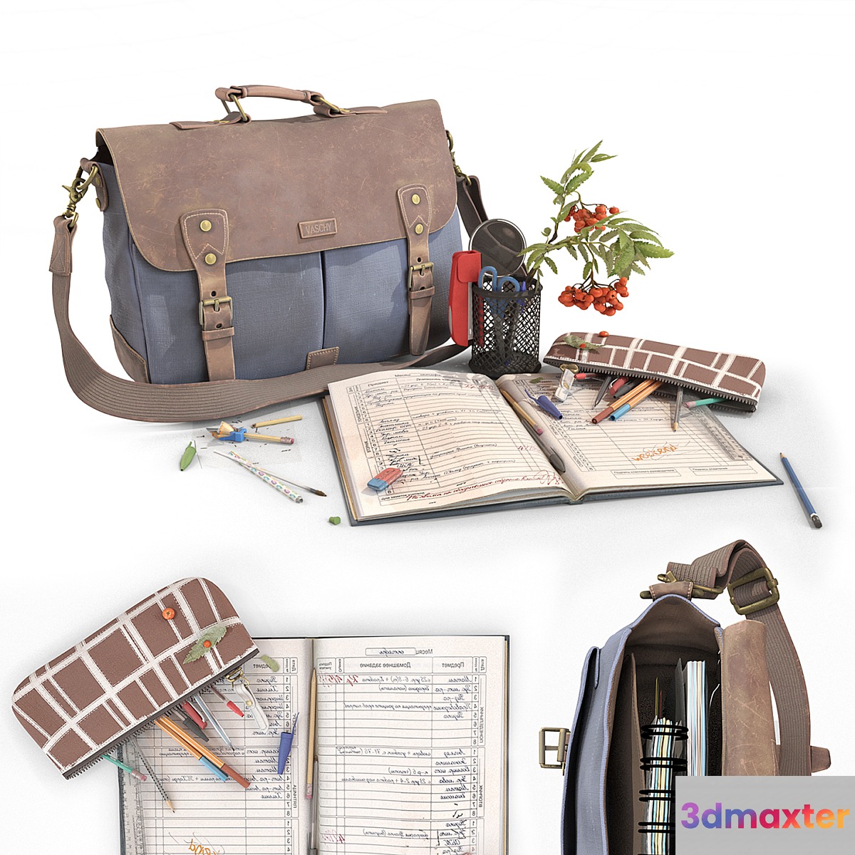 School bag and stationery 3D Max