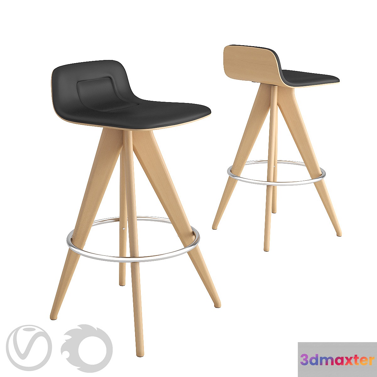 Potocco Italy Torso 837-AI bar stool in black leather and natural beech 3D Max