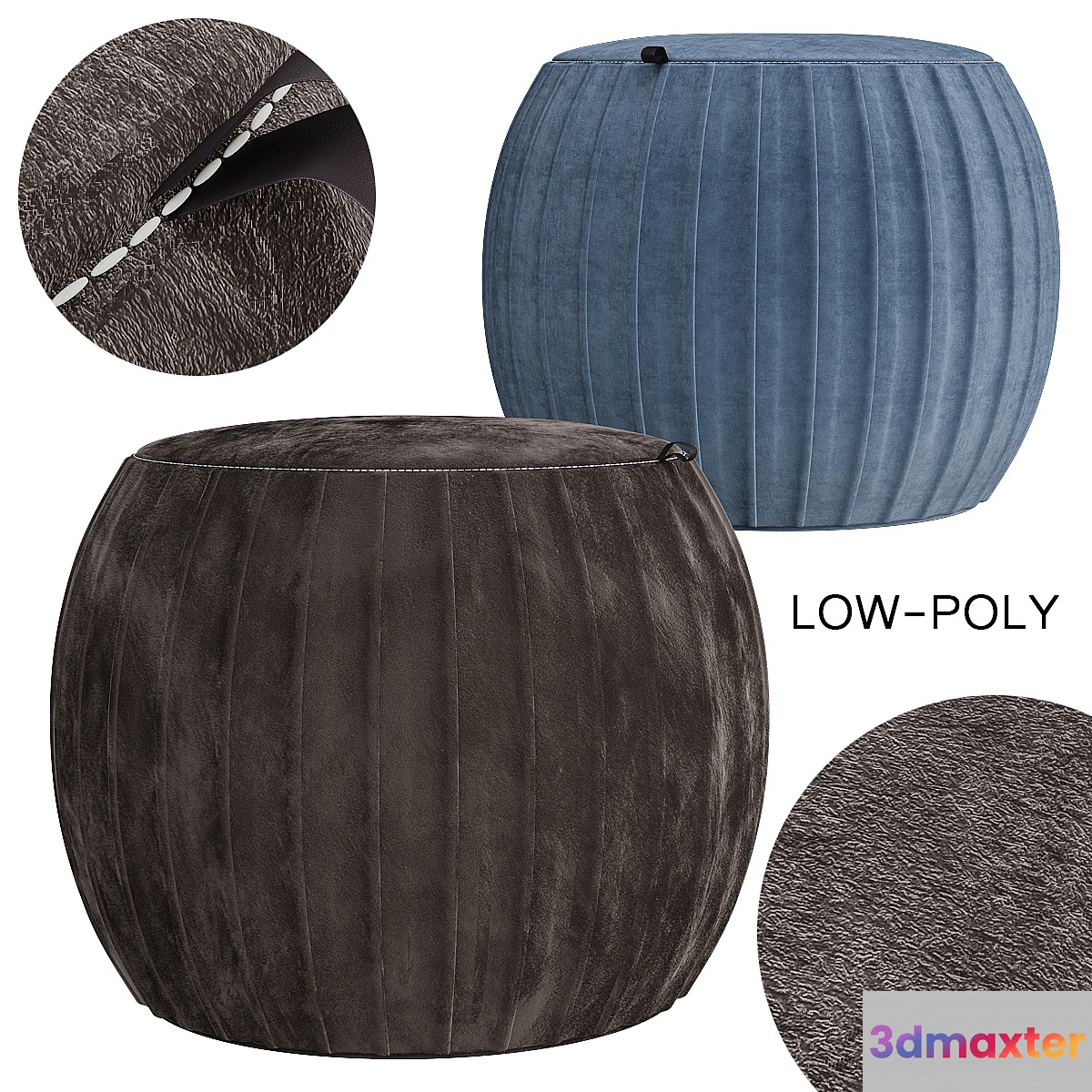 Velvet Pleated Round Pouf Ottoman 3D Max