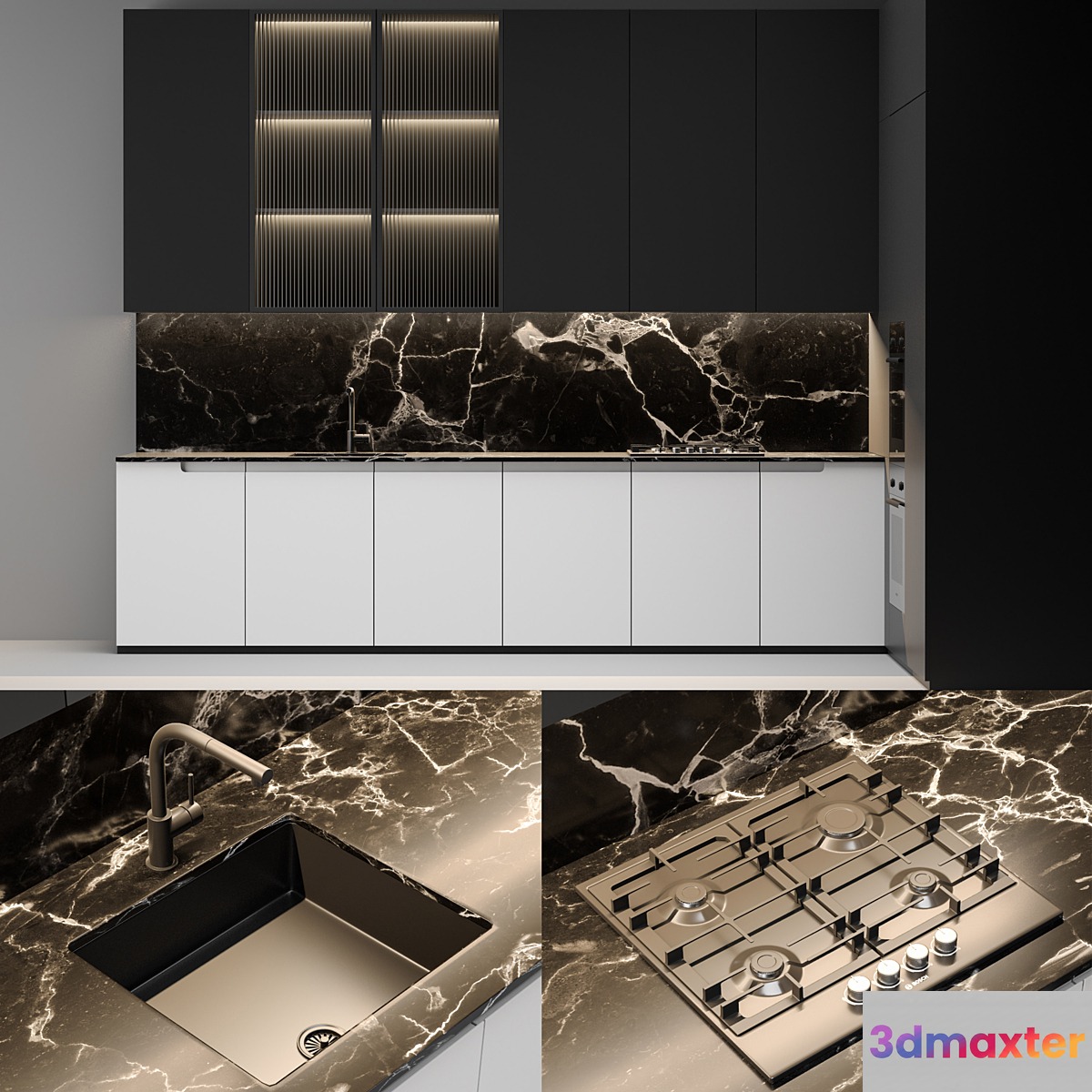 Modern black & white kitchen 3D Max