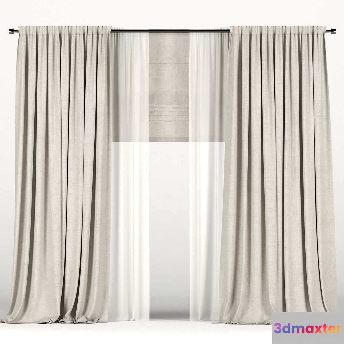 Beige curtains with tulle and a roman curtain 3D Max