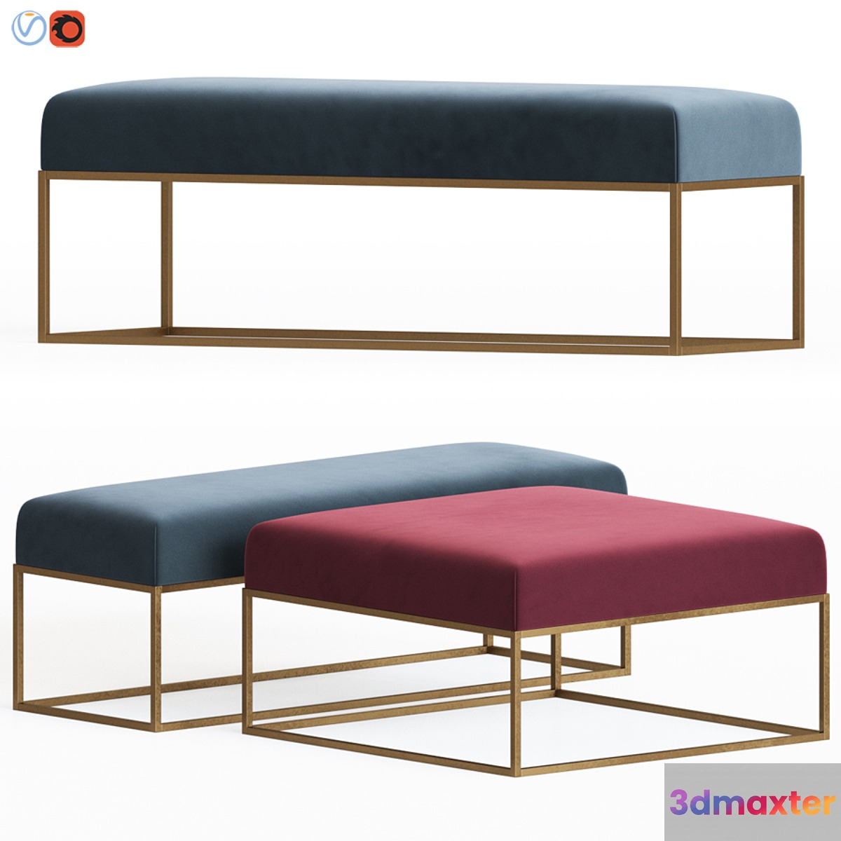 Westelm Box Frame Upholstered Bench & Ottoman 3D Max