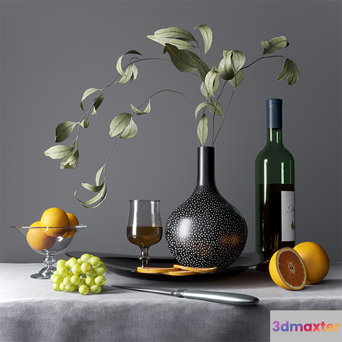 Still life with fruits dishes and cognac