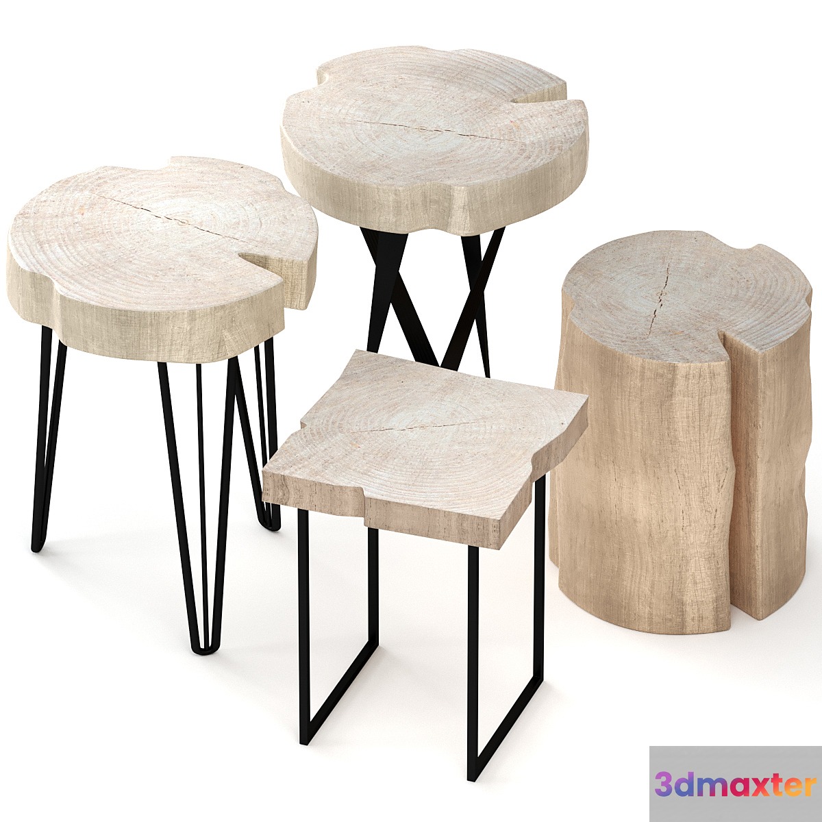 Set of wooden tables made of slab and stump 3D Max