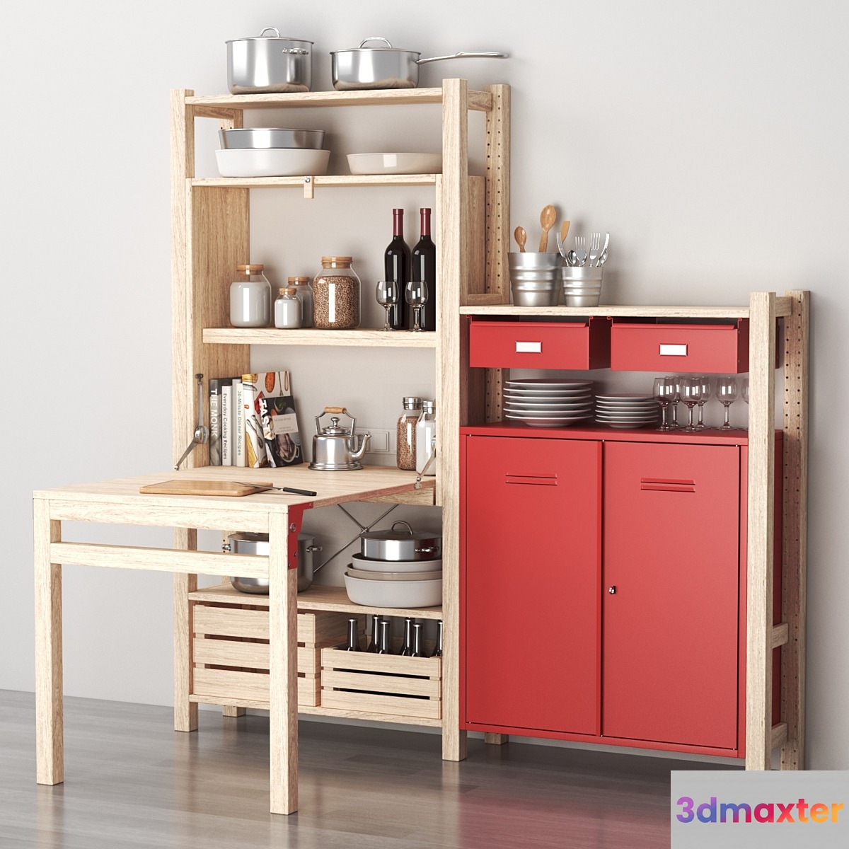 Ikea IVAR Shelving with table _ cabinets _ drawers and kitchen decor set 3D Max