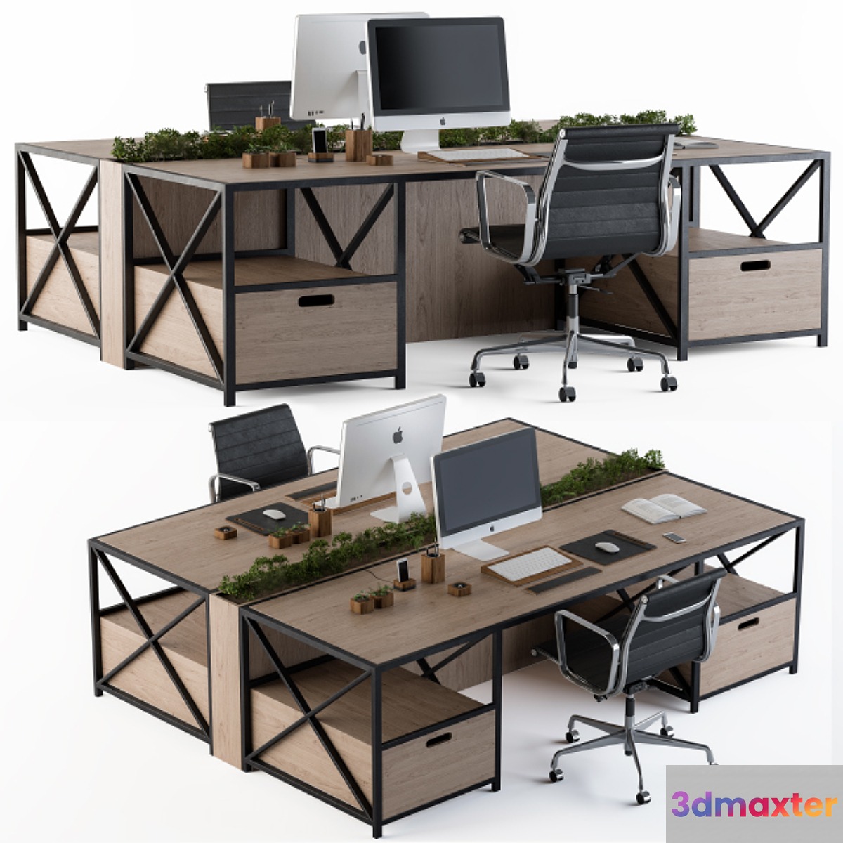 Office Furniture Wood and black set 3D Max