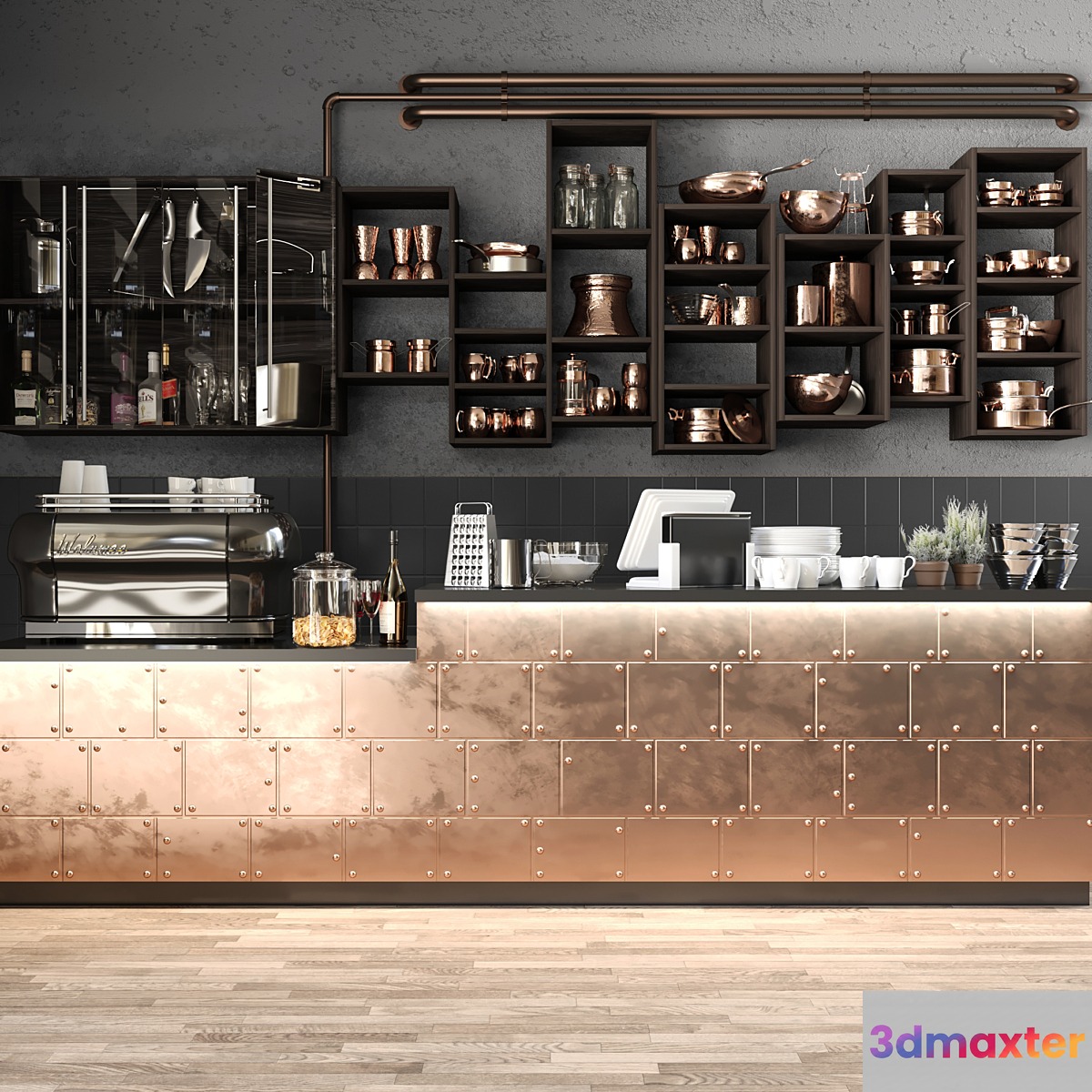 The bar counter in the restaurant with a copper decor and a coffee machine. Tableware - No.2