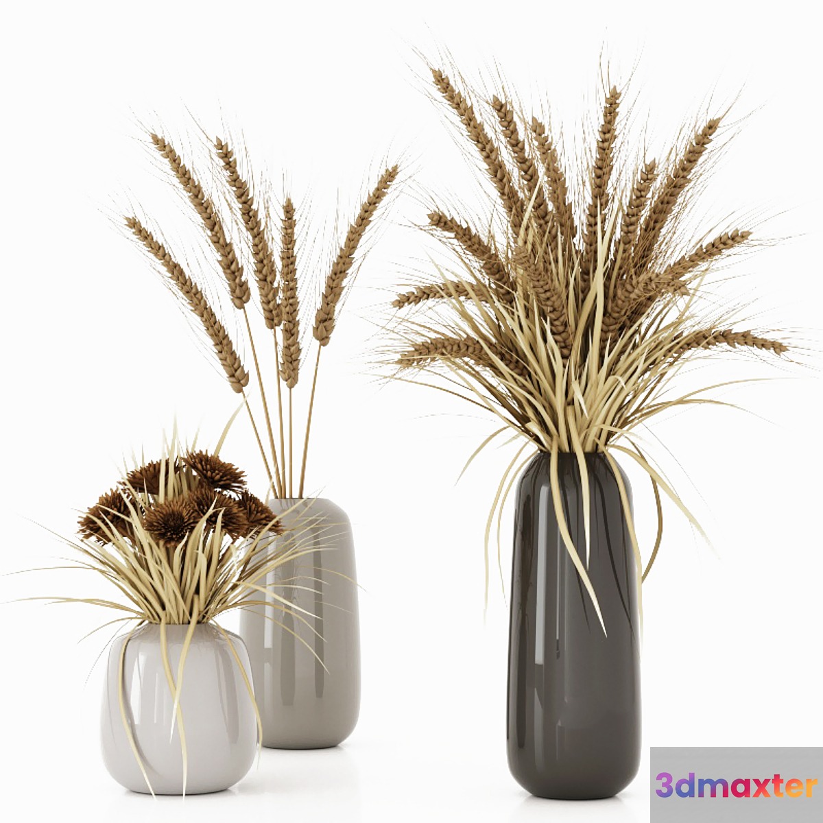 Bouquets with dry plants spikelets grass and chrysanthemums