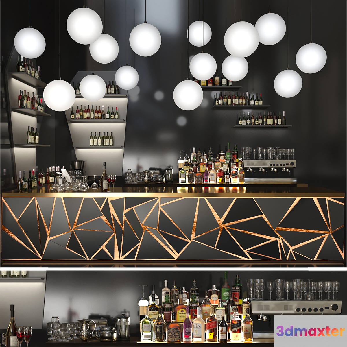 A bar counter with a beautiful backlight and a collection of alcohol. Restaurant