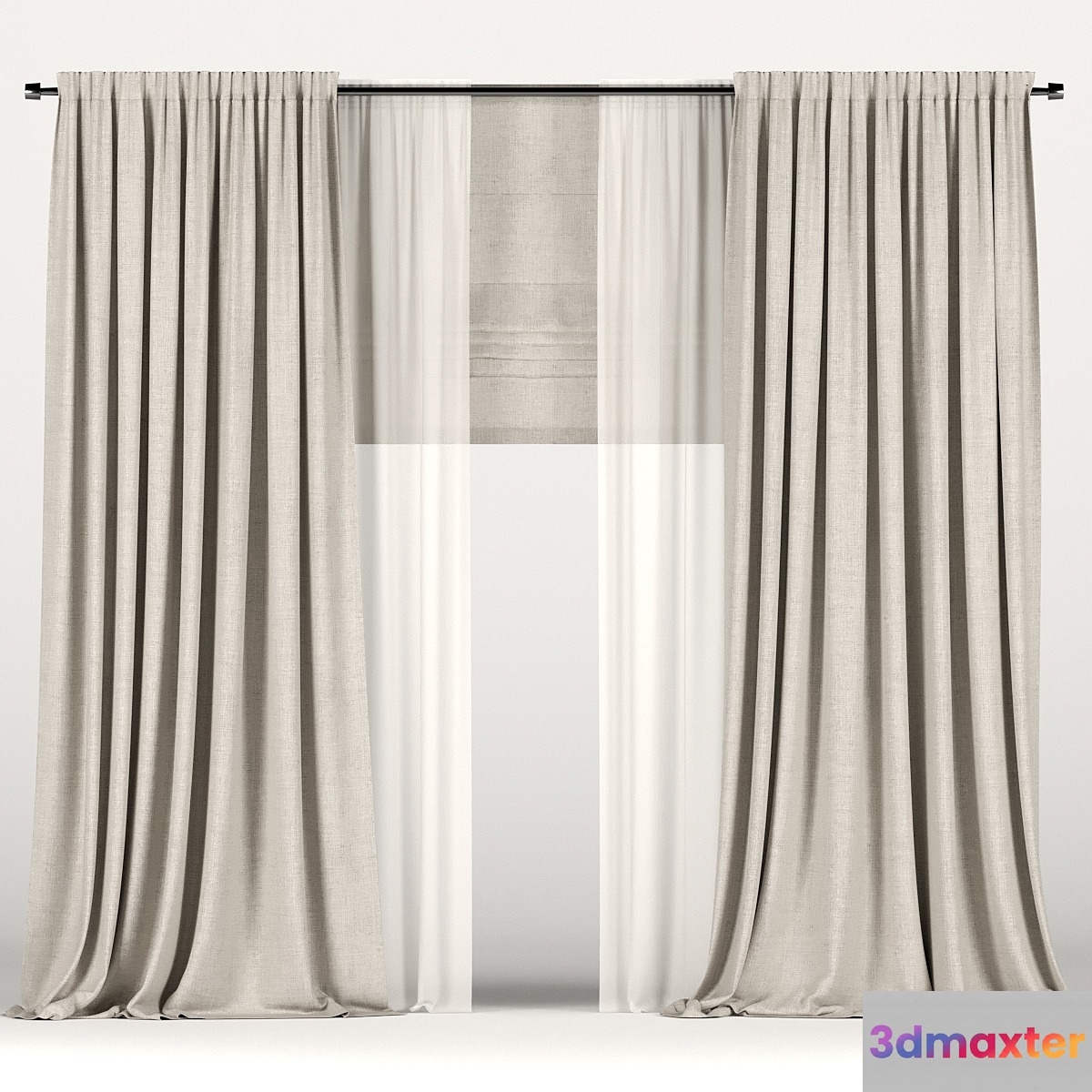 Brown curtains with tulle and a roman curtain 3D Max