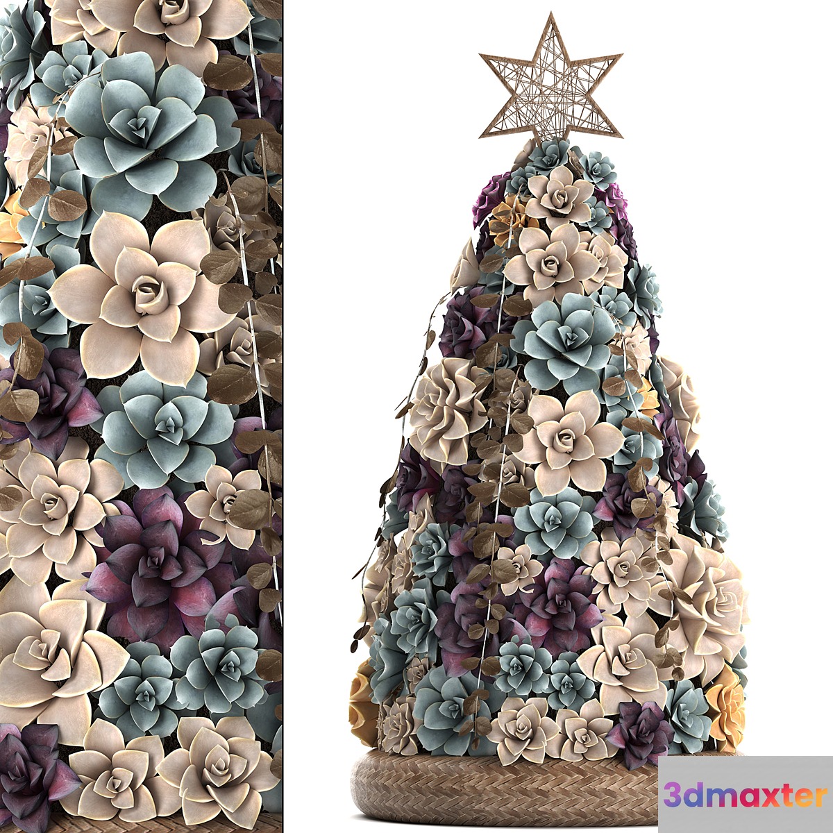 A collection of plants in a composition of succulents Christmas tree cake Echeveria decoration for the new year. Set 421. 3D Max