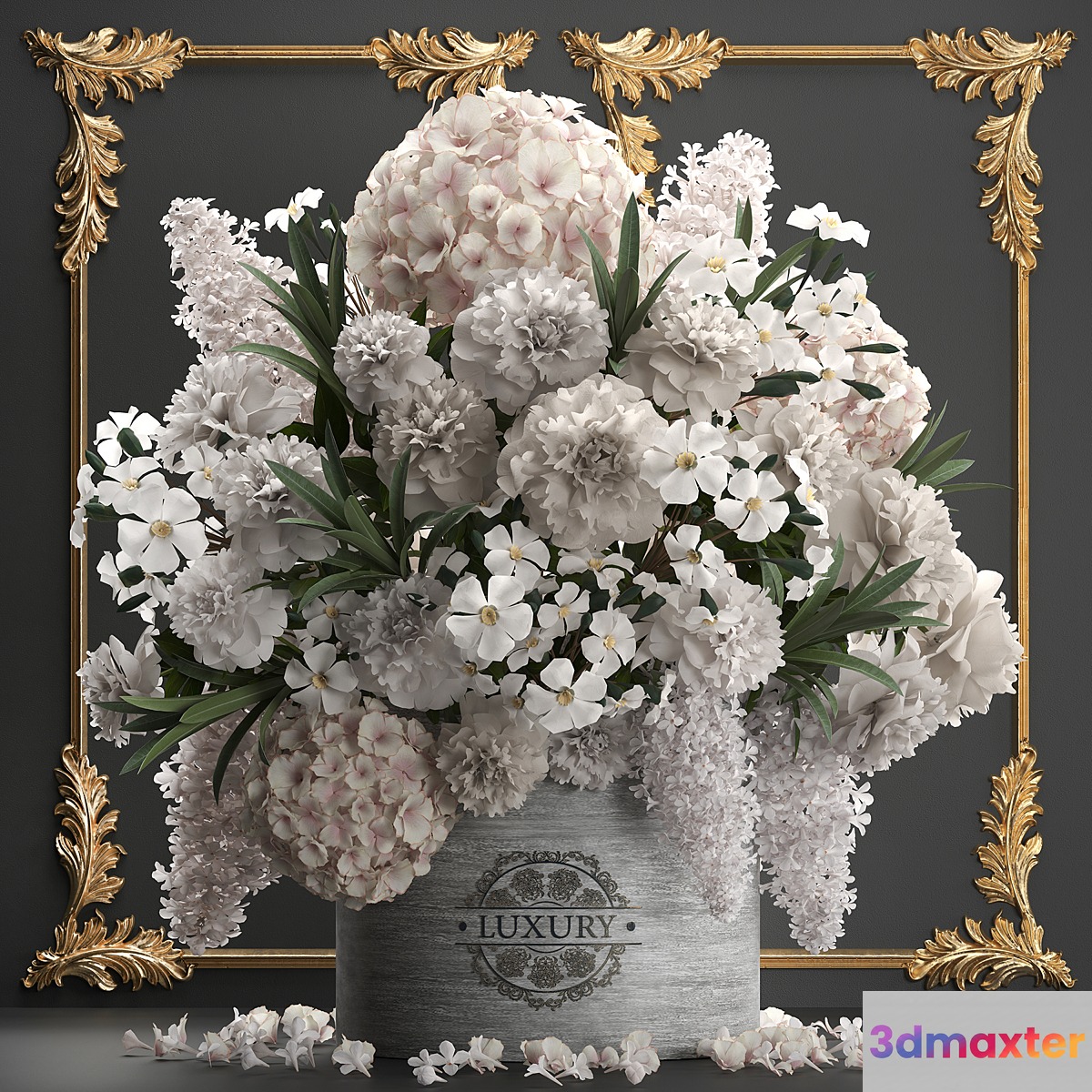 A beautiful lush modern bouquet of white flowers in a luxury vase with a molded frame hydrangea lilac peonies oleander gold. Set 91. 3D Max