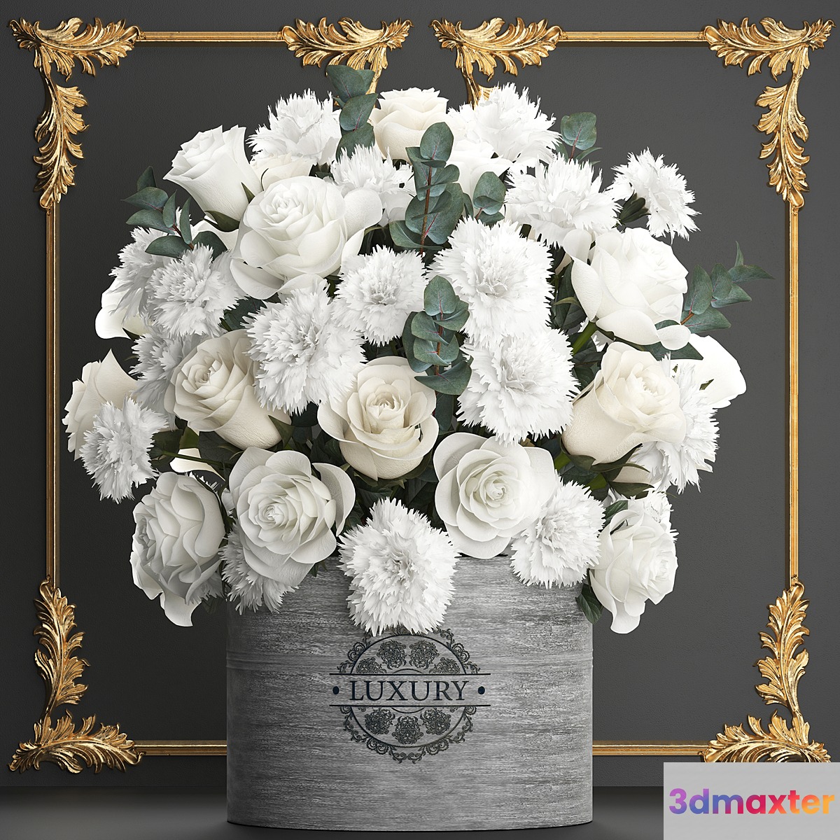 A beautiful lush modern bouquet of white flowers in a luxury vase with a molded frame carnation roses eucalyptus branch. Set 92. 3D Max
