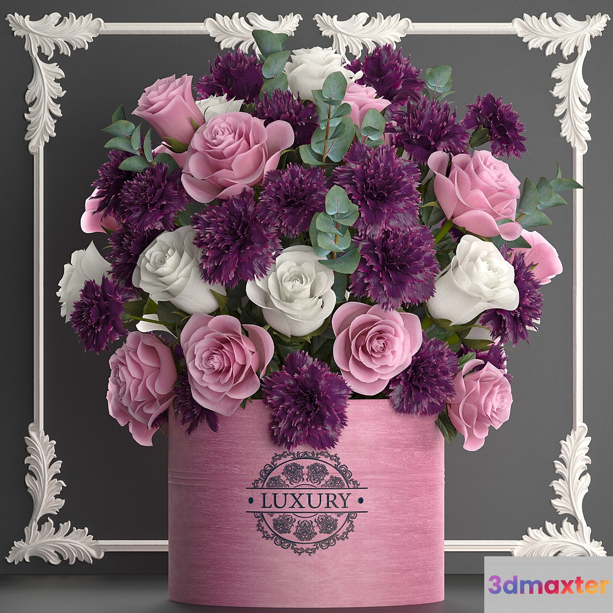 A beautiful lush modern bouquet of pink flowers in a luxury vase with a molded frame carnation roses eucalyptus branch. Set 93. 3D Max