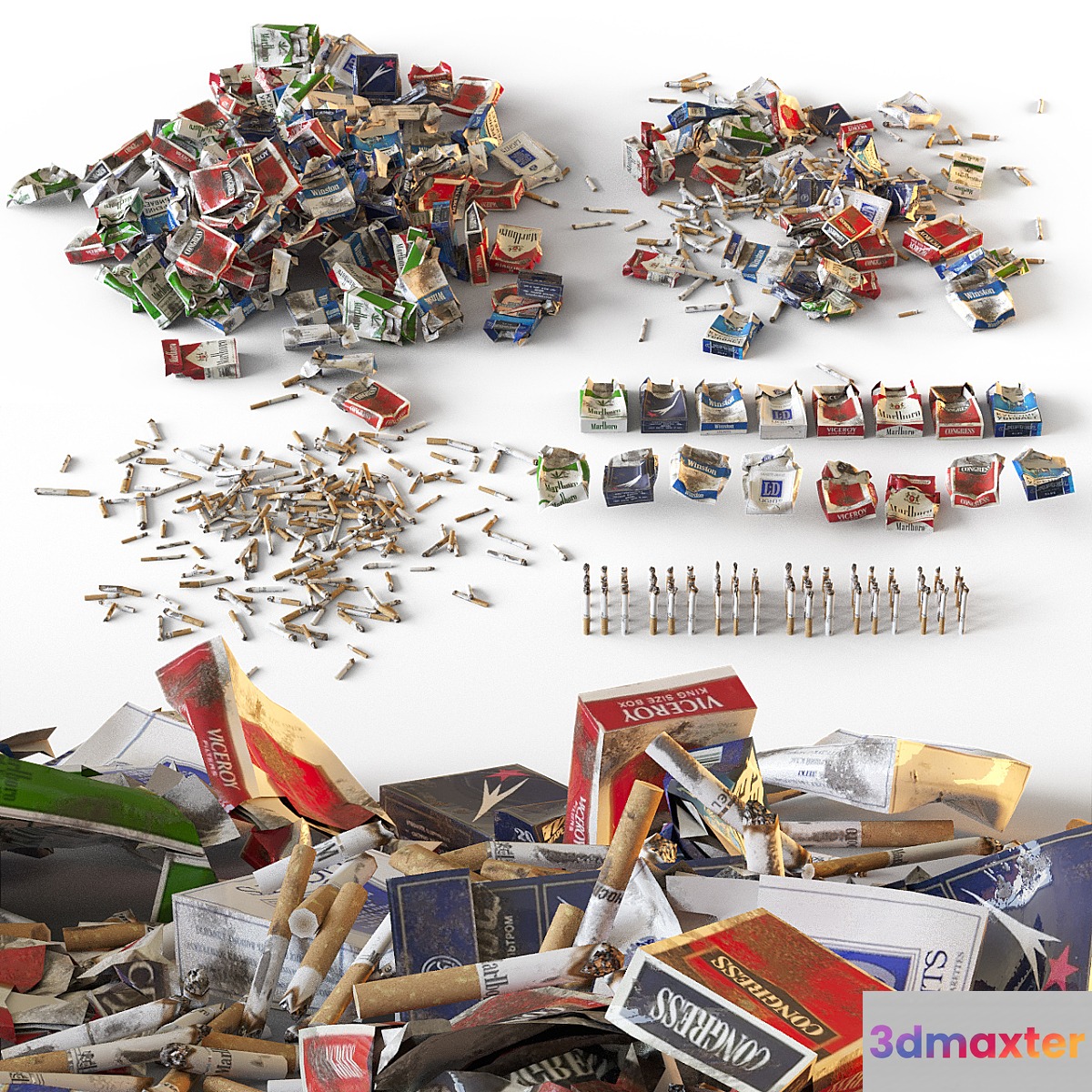 Packs of cigarettes and cigarette butts 3D Max
