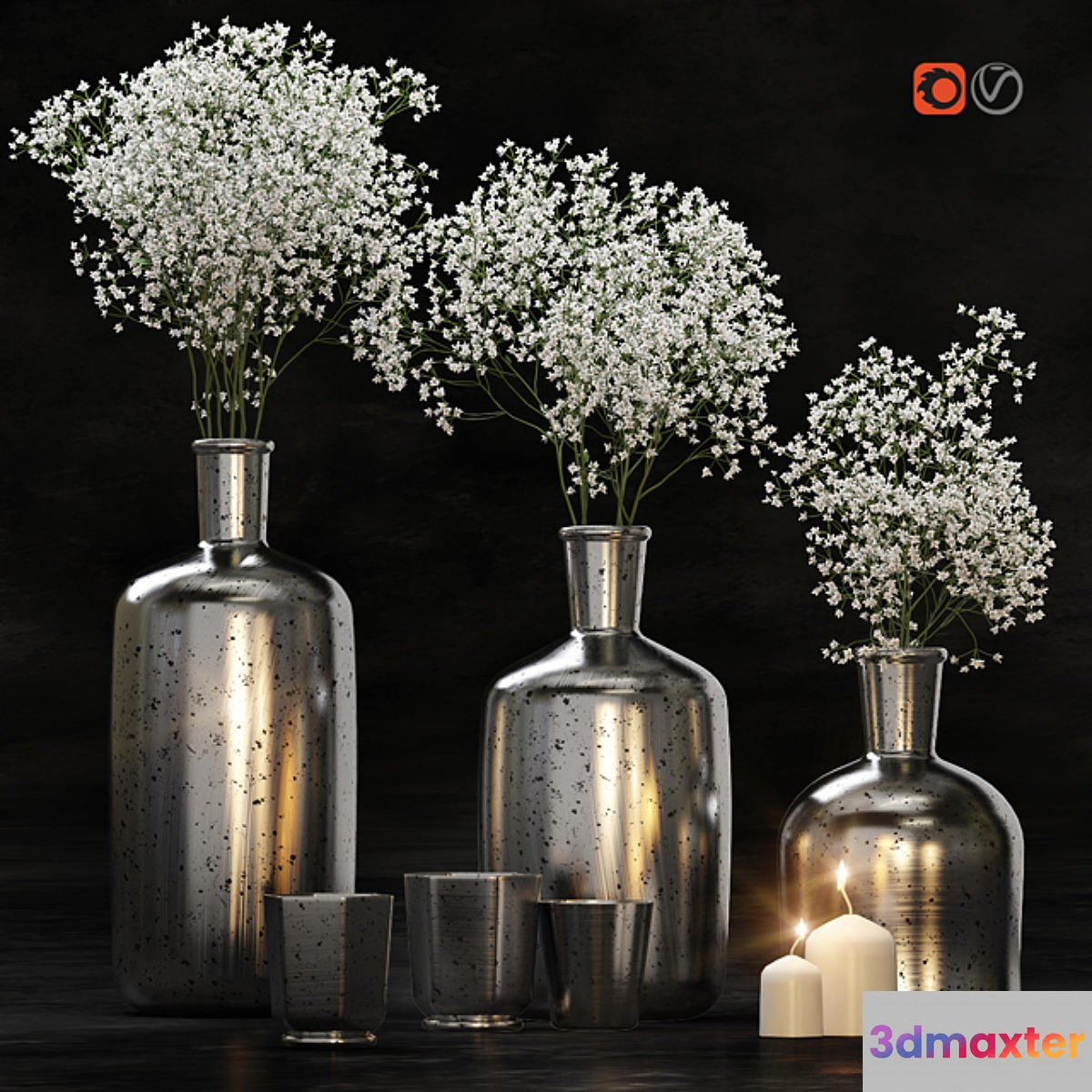 Decorative set with gypsophila flower and candles