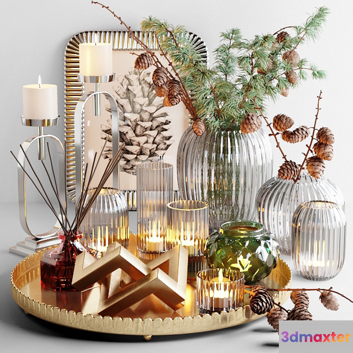Decorative set with larch branch and candles - No.3