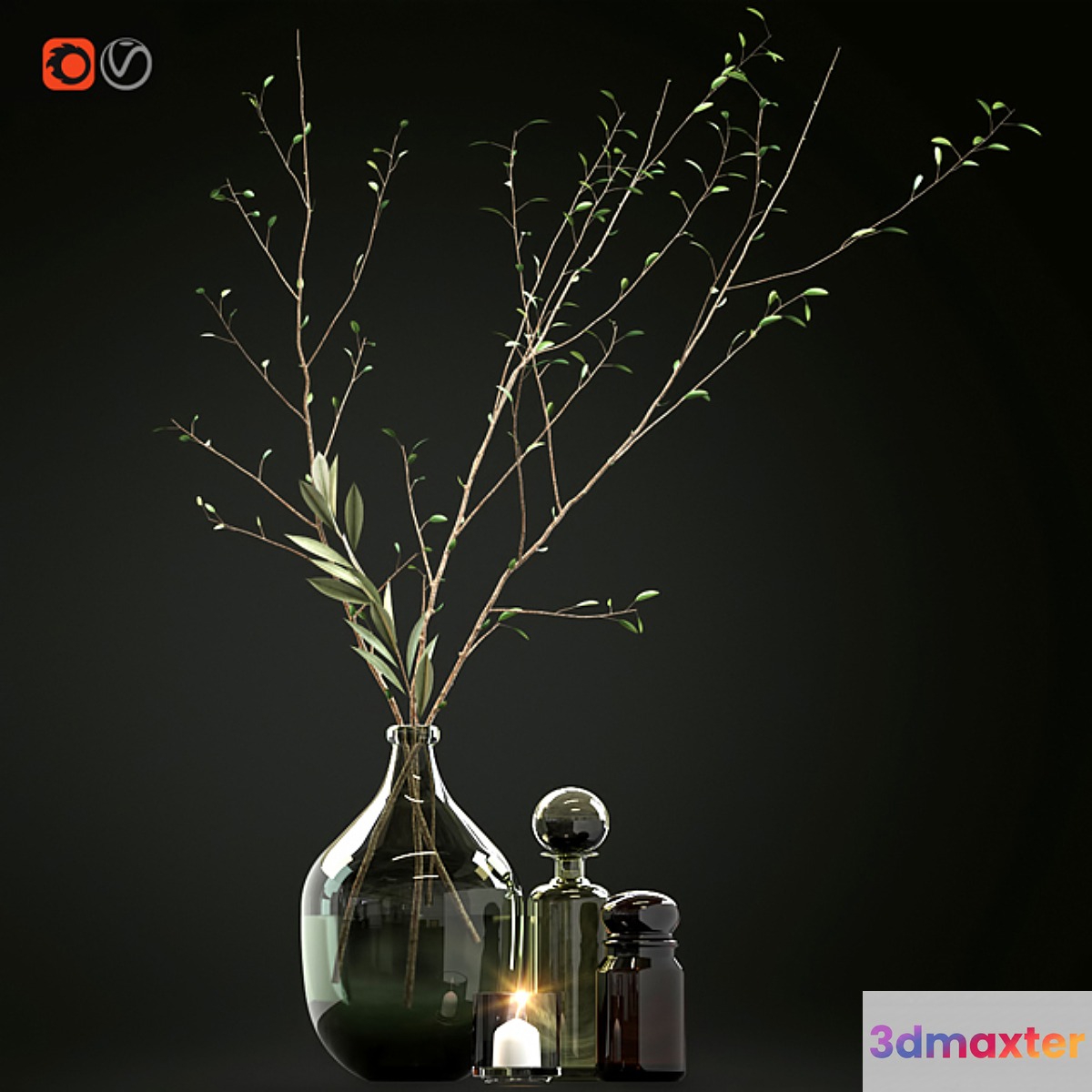 Decorative set with branches and glass bottles