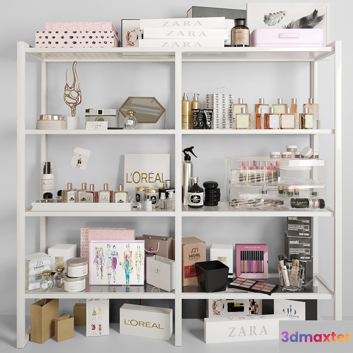 White rack with cosmetics in a beauty salon. Make up