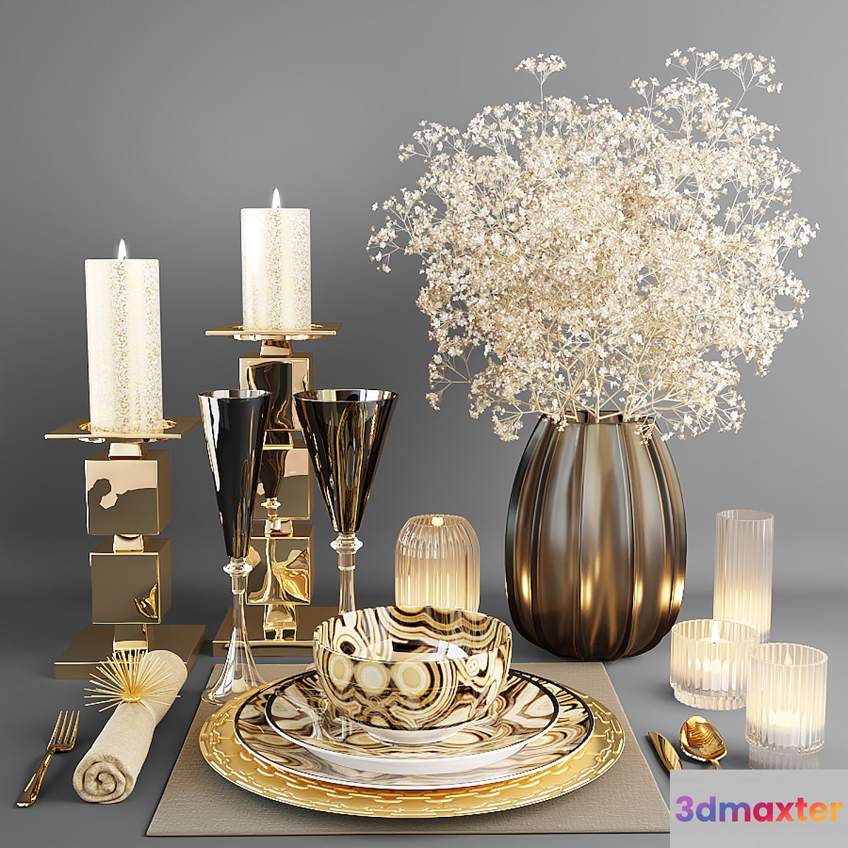 Decorative set with dishes and a bouquet of white flowers 3D Max