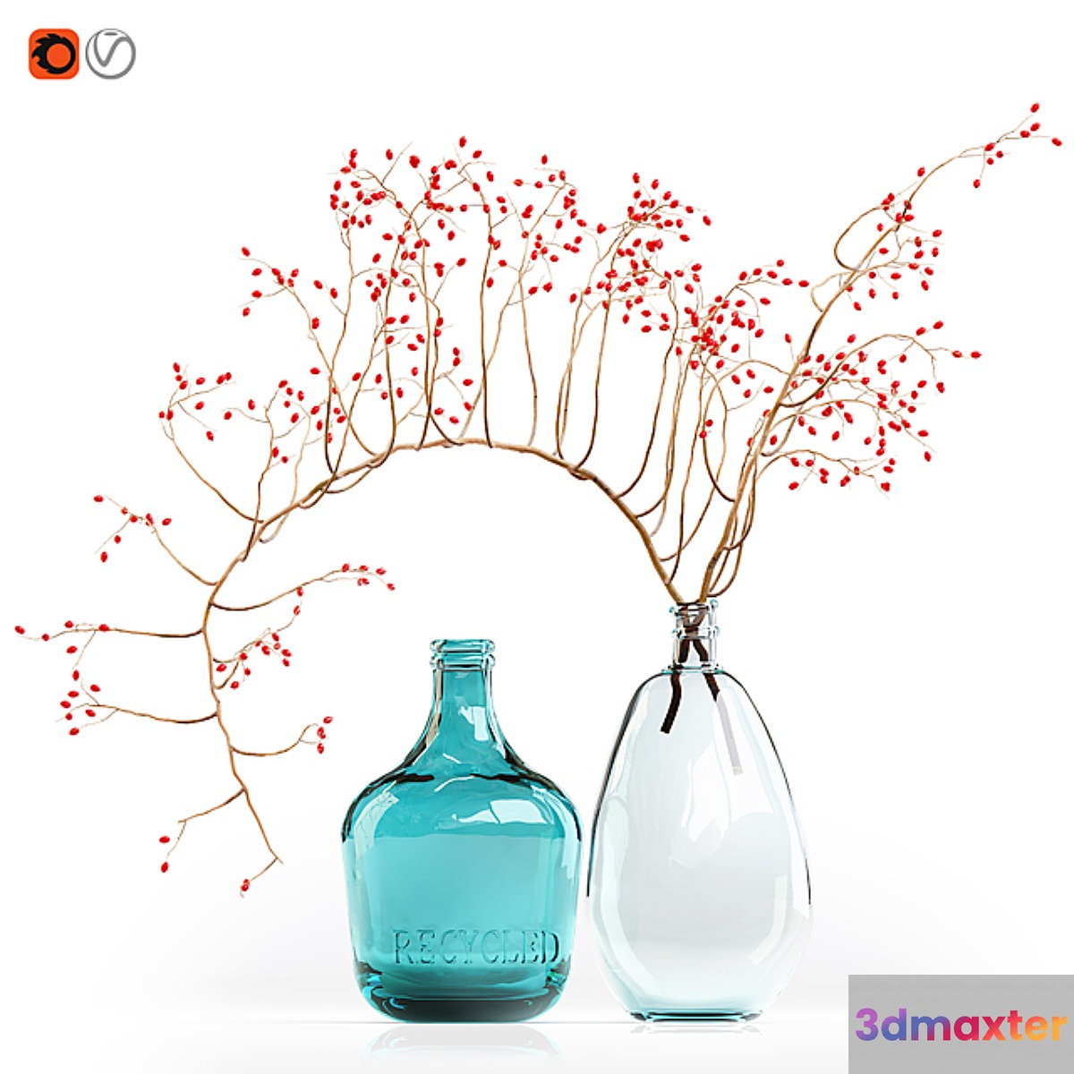 Decorative branch with red berries in a glass vase 3D Max
