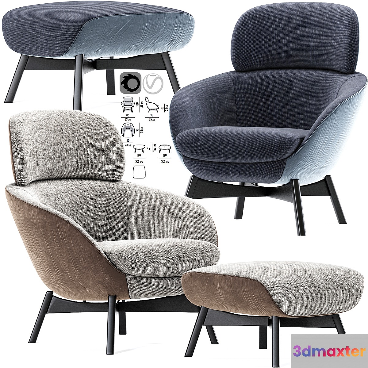 Minotti Russell Arm Chair With Pouf 3D Max