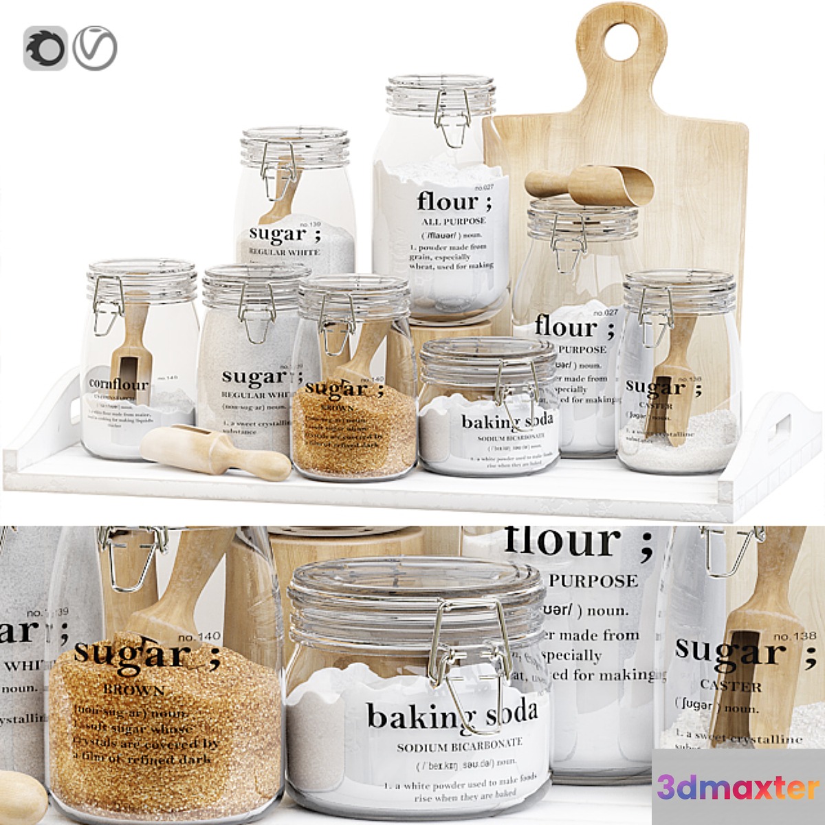 Set of glass jars for the kitchen with sugar and flour