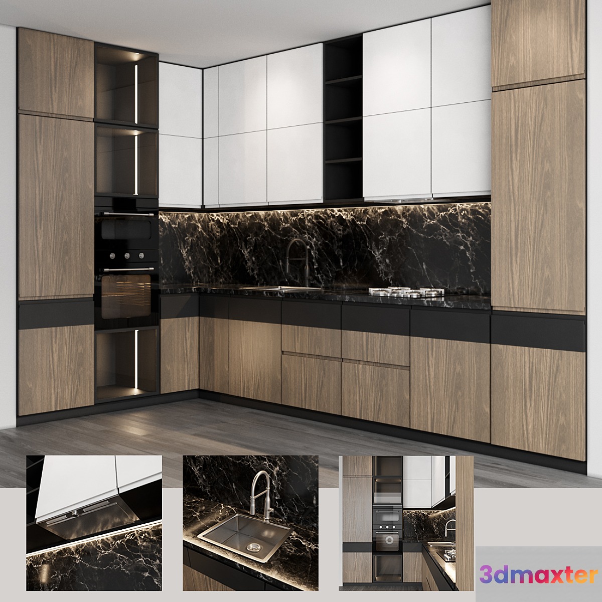 Modern kitchen with wood facades 3D Max