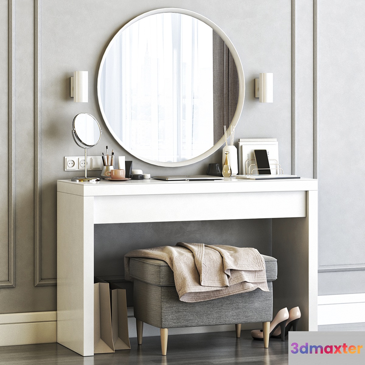Ikea Malm Dressing Table with Langesund Round Mirror and Strandmon Gray Ottoman 3D Max
