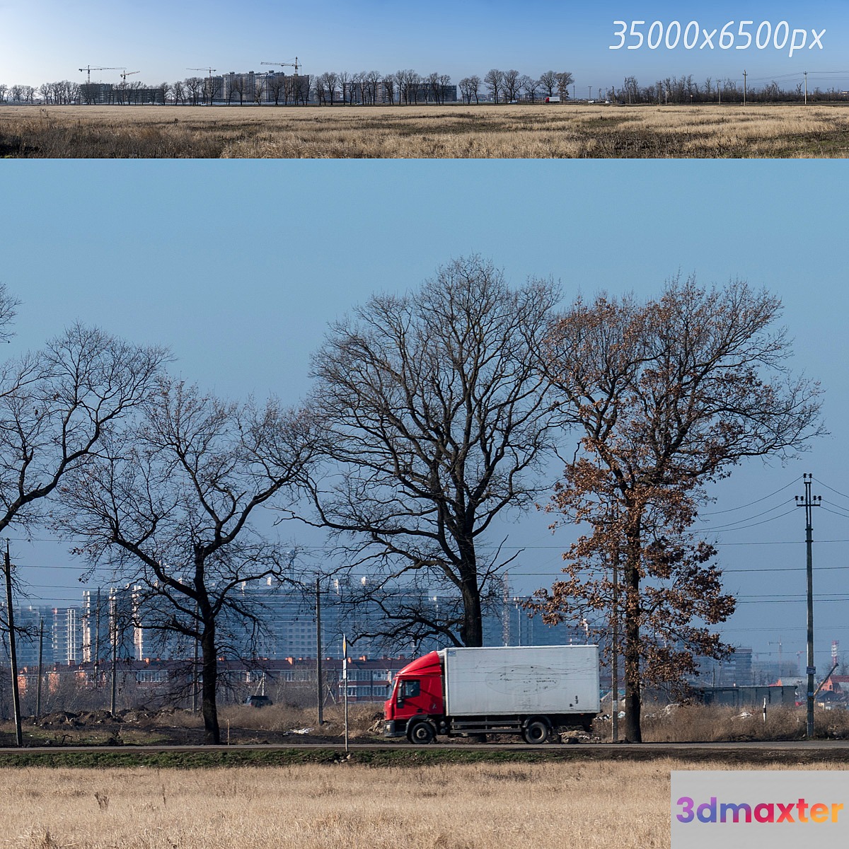Countryside panorama of new buildings and trees 3D Max