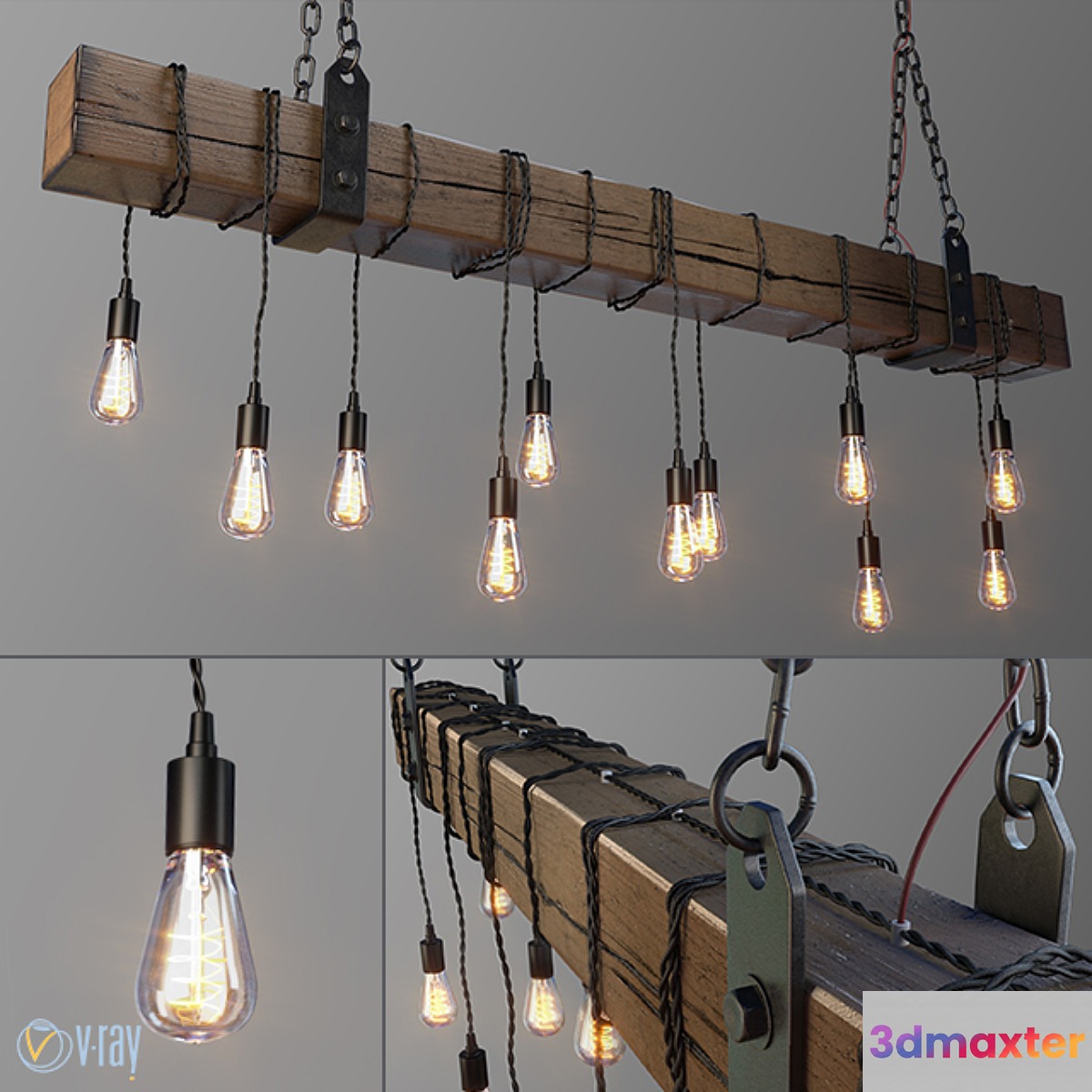 Wood Beam Chandelier With Vintage Style Edison Bulbs 3D Max