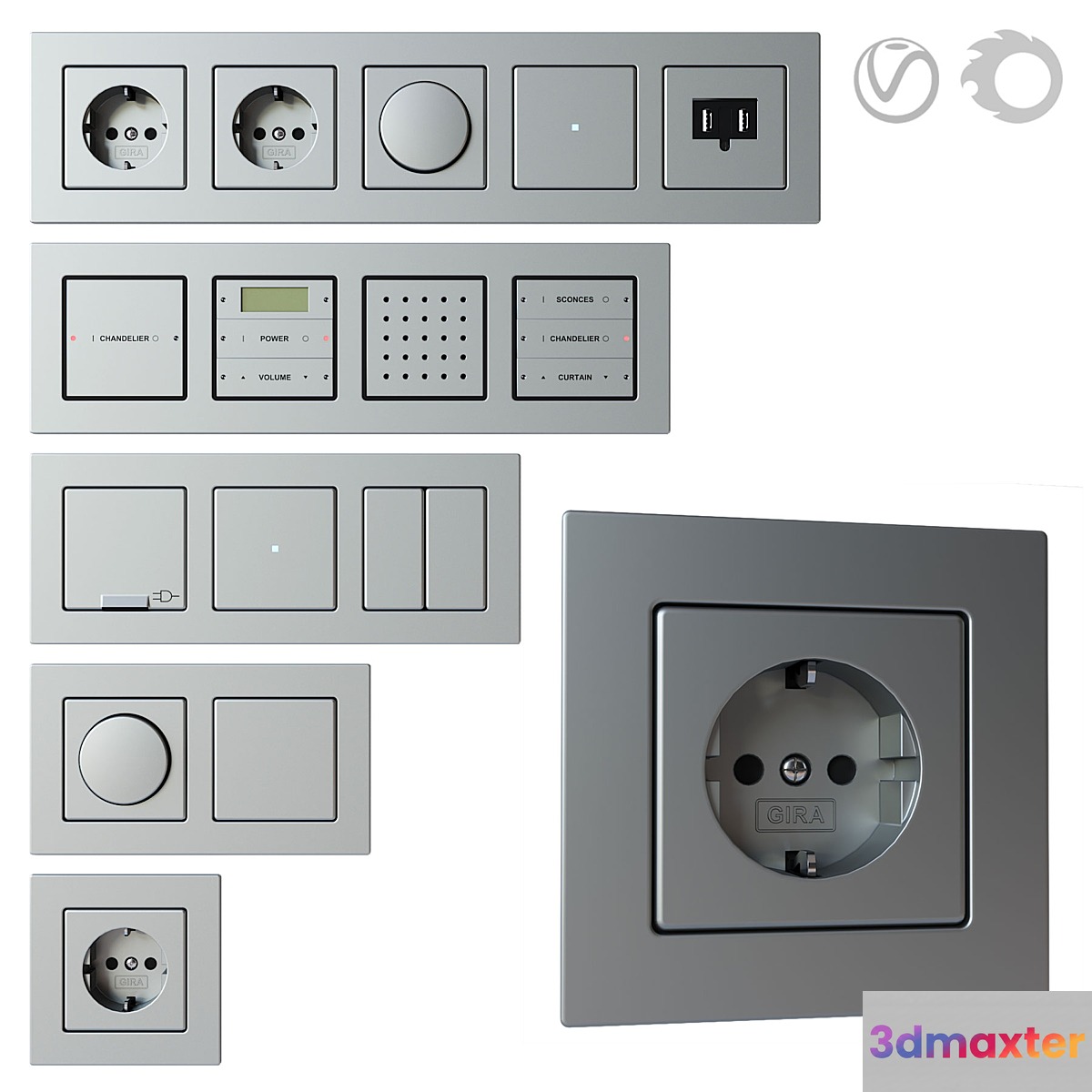Gira E22 - set of sockets and switches 3D Max