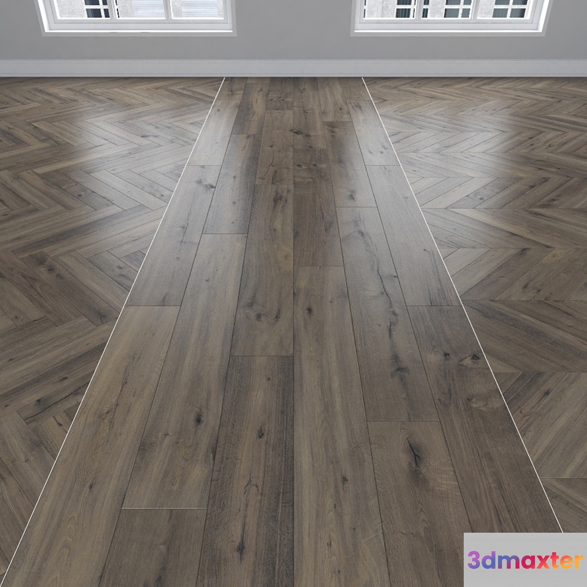 Parquet Oak vintage 3 types: herringbone linear chevron. 3D Max