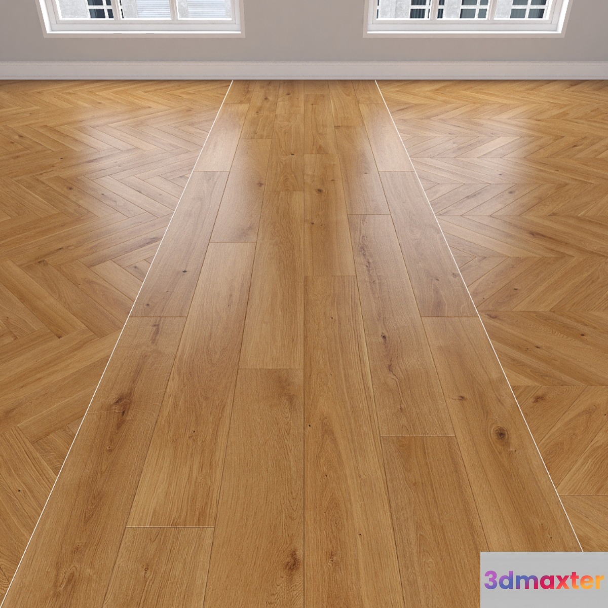 Parquet Oak caramel 3 types: herringbone linear chevron. 3D Max