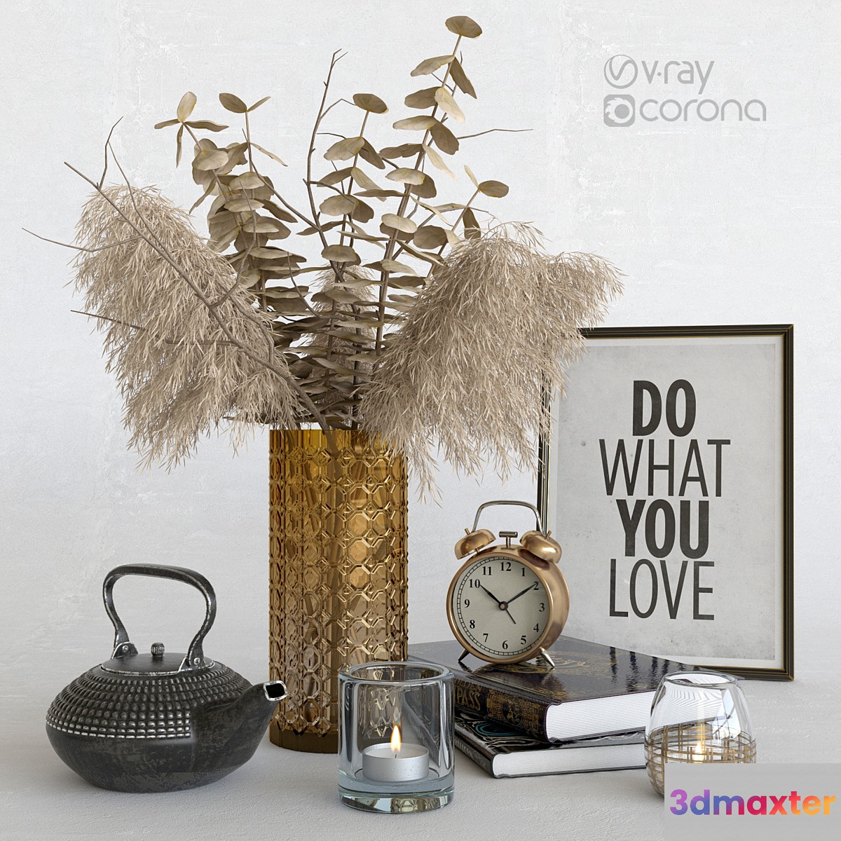 Decorative set with dry plants. Dark decor. 3D Max