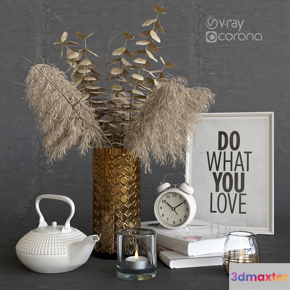 Decorative set with dry plants. Light decor. 3D Max