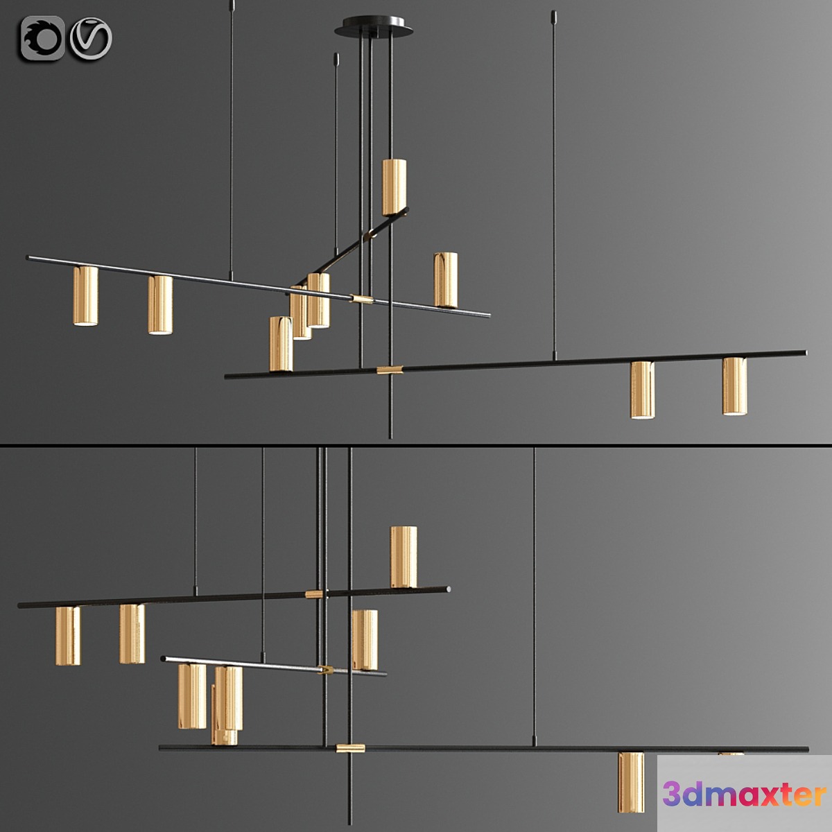 Light Suspension Chandelier in Black and Gold 02 3D Max