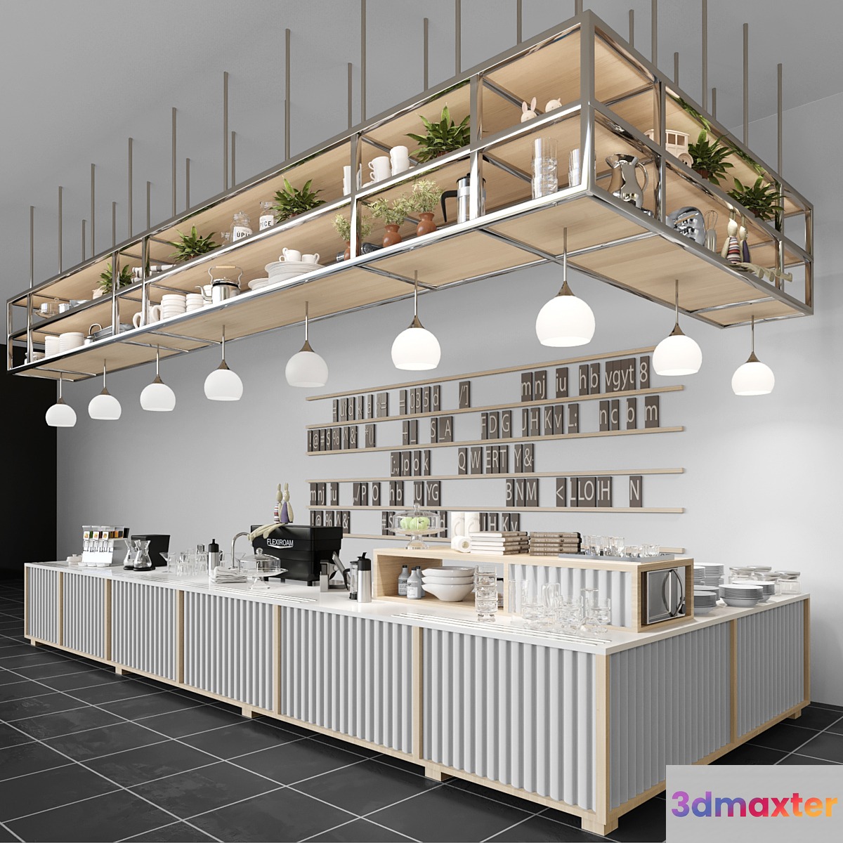 Design project of a coffee house in loft style with a coffee machine and dishes. Cafe - No.3
