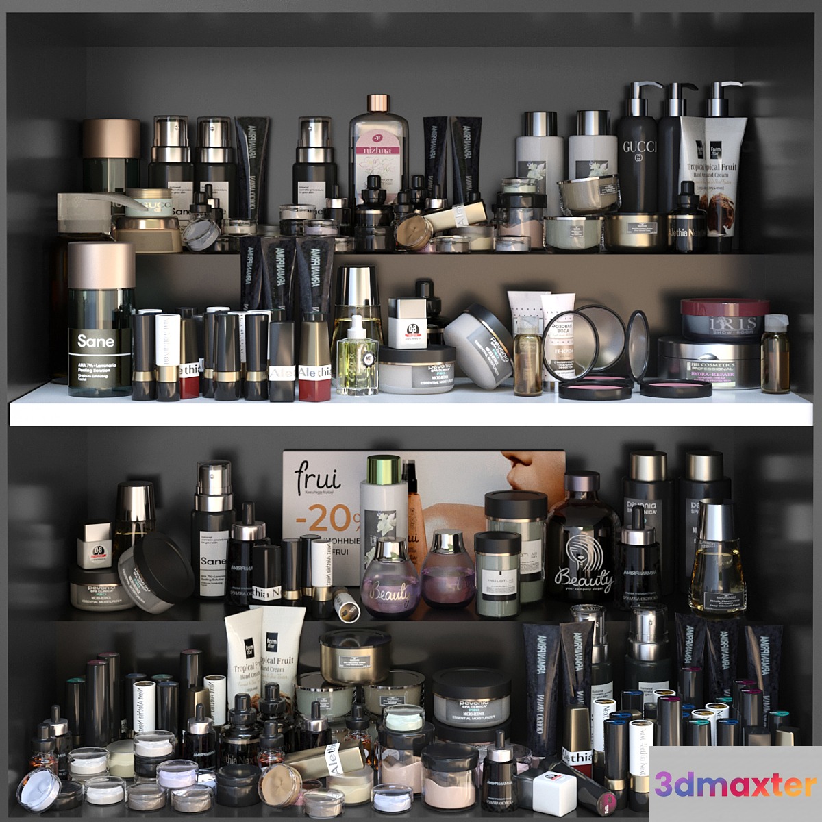 Shelf with a set of cosmetics for beauty salons shops or dutifree. Make up