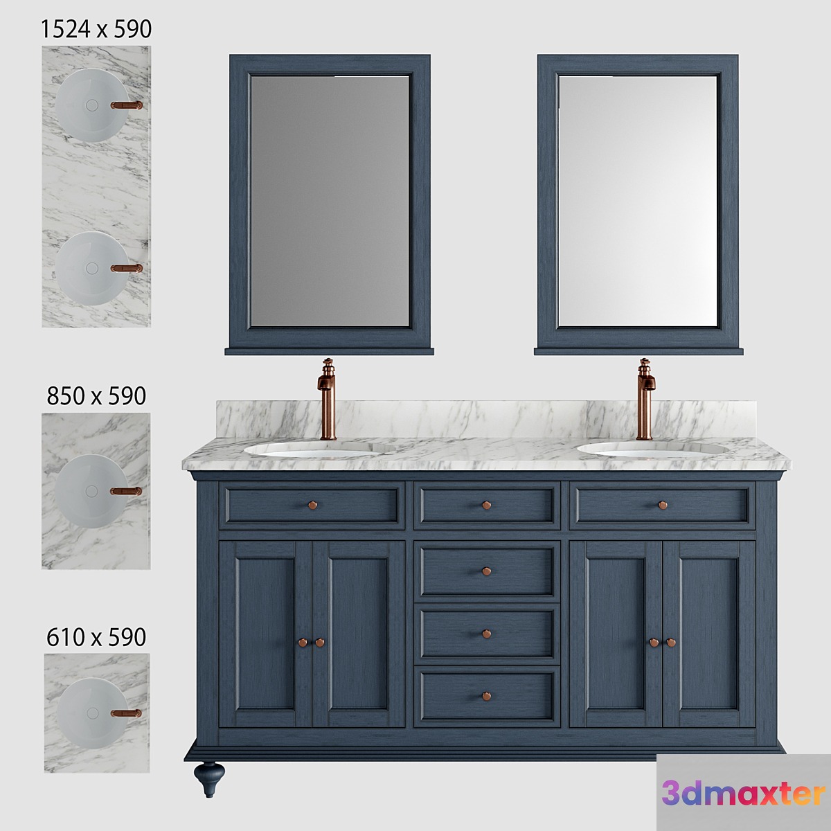 Keller Double Vanity for Undermount Sinks - Vintage Navy Blue 3D Max