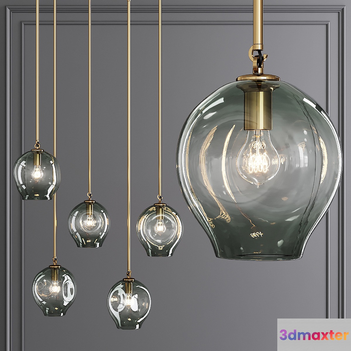 Small Bubble Pendant Brushed Brass and Dark Green Glass 3D Max