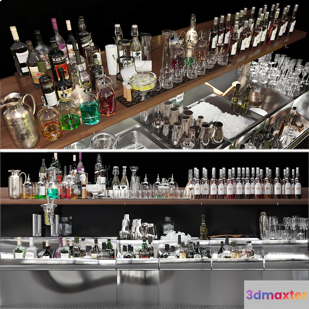 Bar counter with elite alcohol and cocktails. The pub