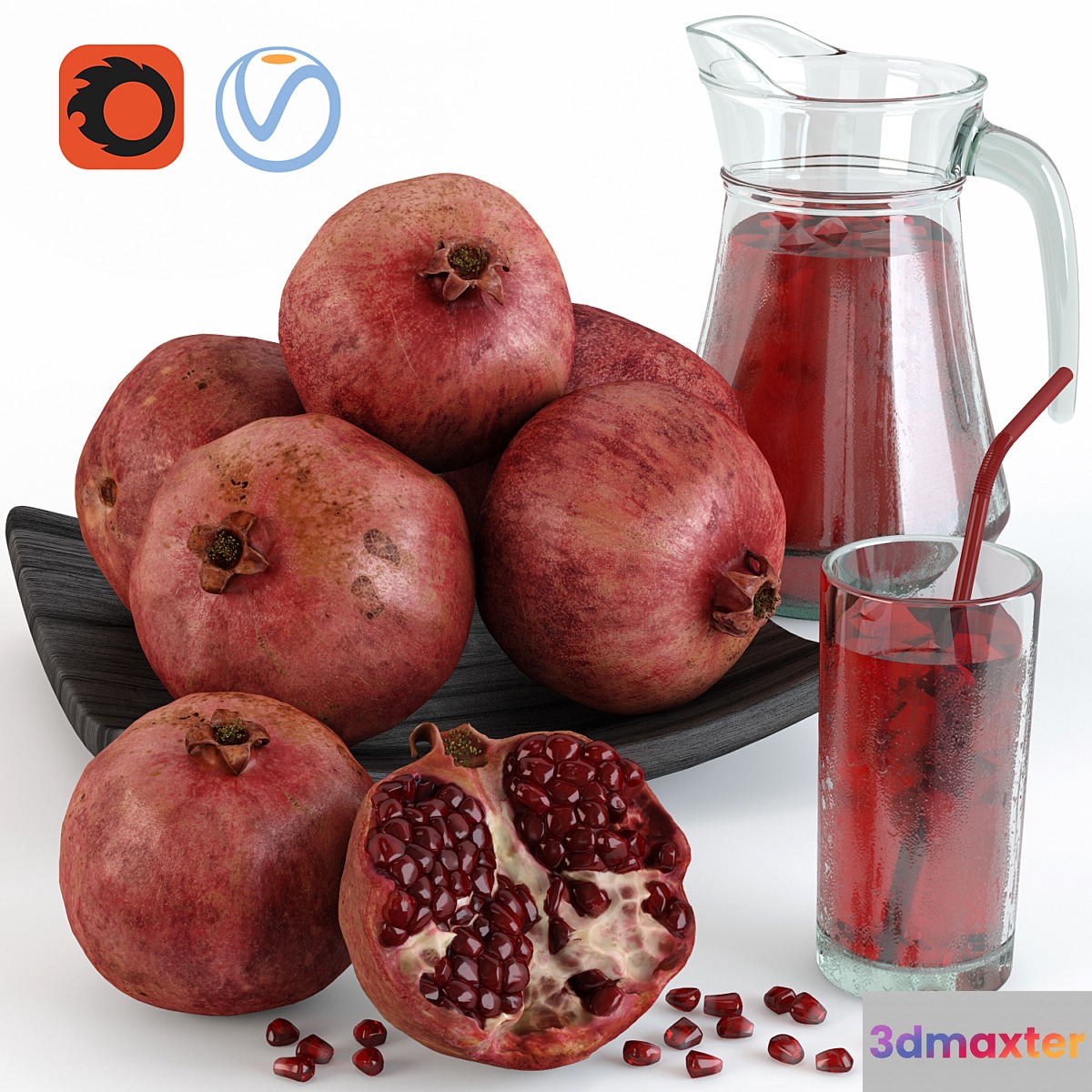 Pomegranate and Pomegranate Juice 3D Max