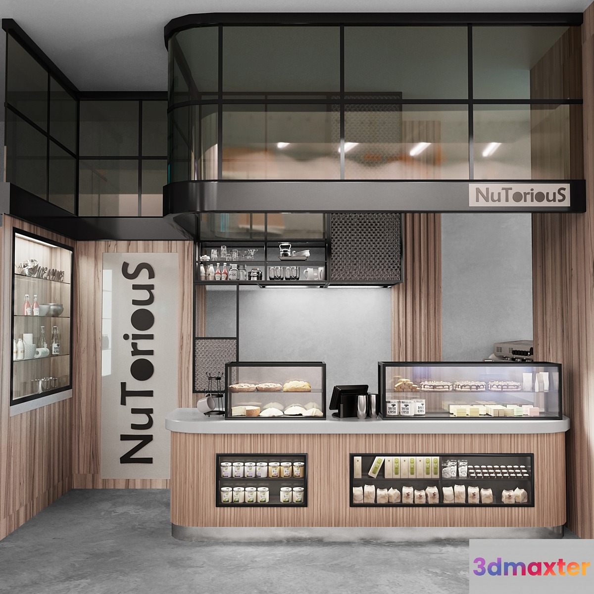 Design project of a cafe with a showcase of desserts and sweets. panel 3D Max